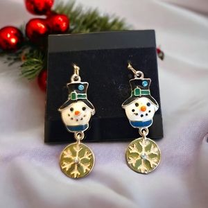 Snowman Snowflake Enamel Metal Glass Stone Dangle Earrings Christmas